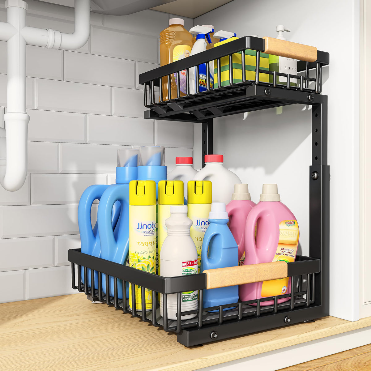 PXRACK Under Sink Organizer, Adjustable Height, 2 Tier Pull Out Under Cabinet Organizer, Slide Out Thickened Metal Under Sink Storage for Kitchen Bathroom Laundry Pantry Cabinet, White, Large-2-Pack