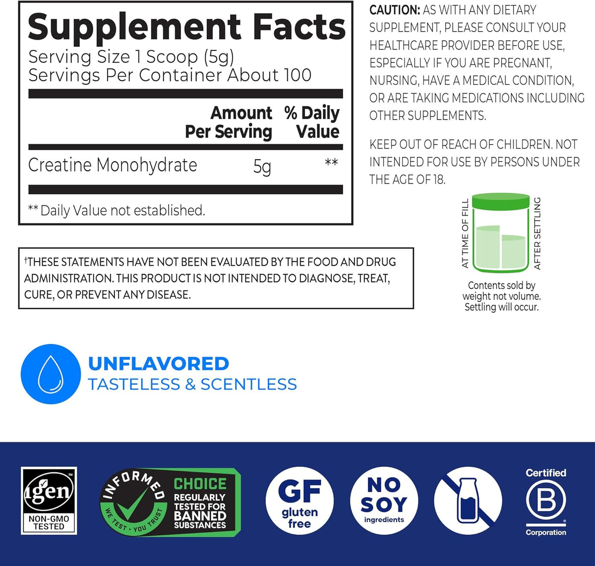 Orgain 5g Creatine Monohydrate Micronized Powder, Unflavored, 100 Servings