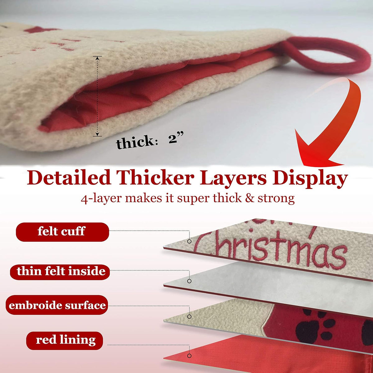 WEWILL 18" Dog Felt Christmas Stockings Paws Puppy Red Xmas Stocking Decor