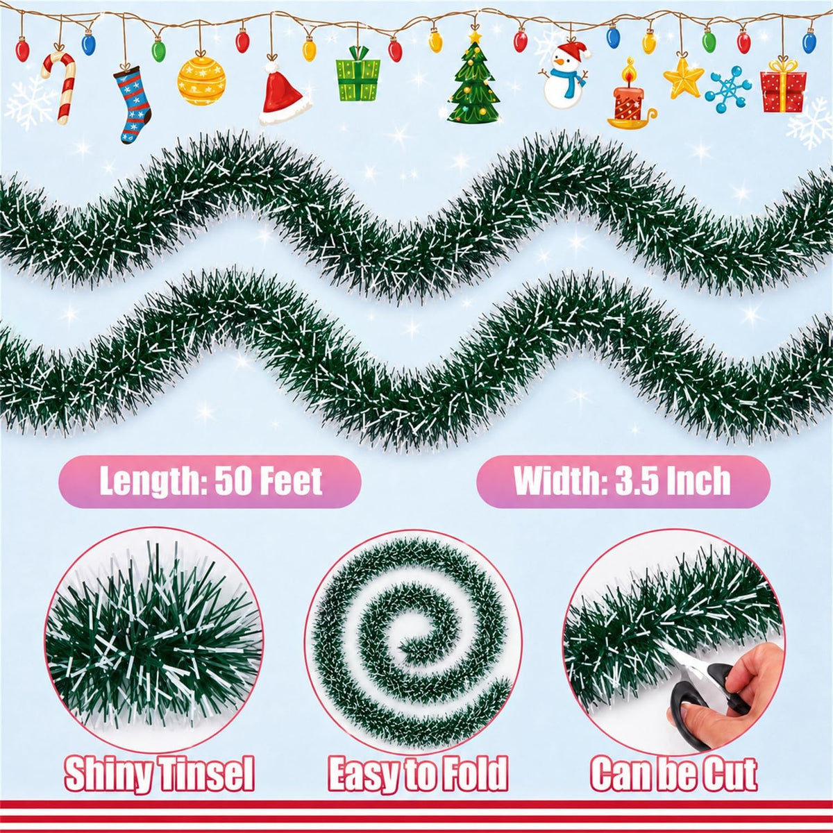 50FT Snowy Green Christmas Tinsel Garland, Metallic Twist Shiny Hanging Garland Ornaments for Xmas Tree Party Supplies Thick Thin Metallic Streamers for Indoor Outdoor Decor