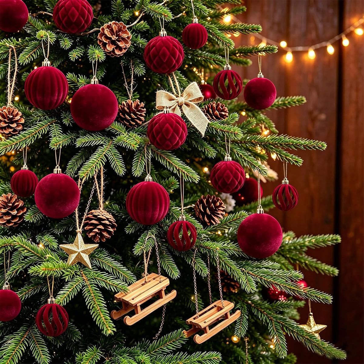 Thewe 40Pcs Velvet Shatterproof Christmas Ball Ornaments Set，Burgundy