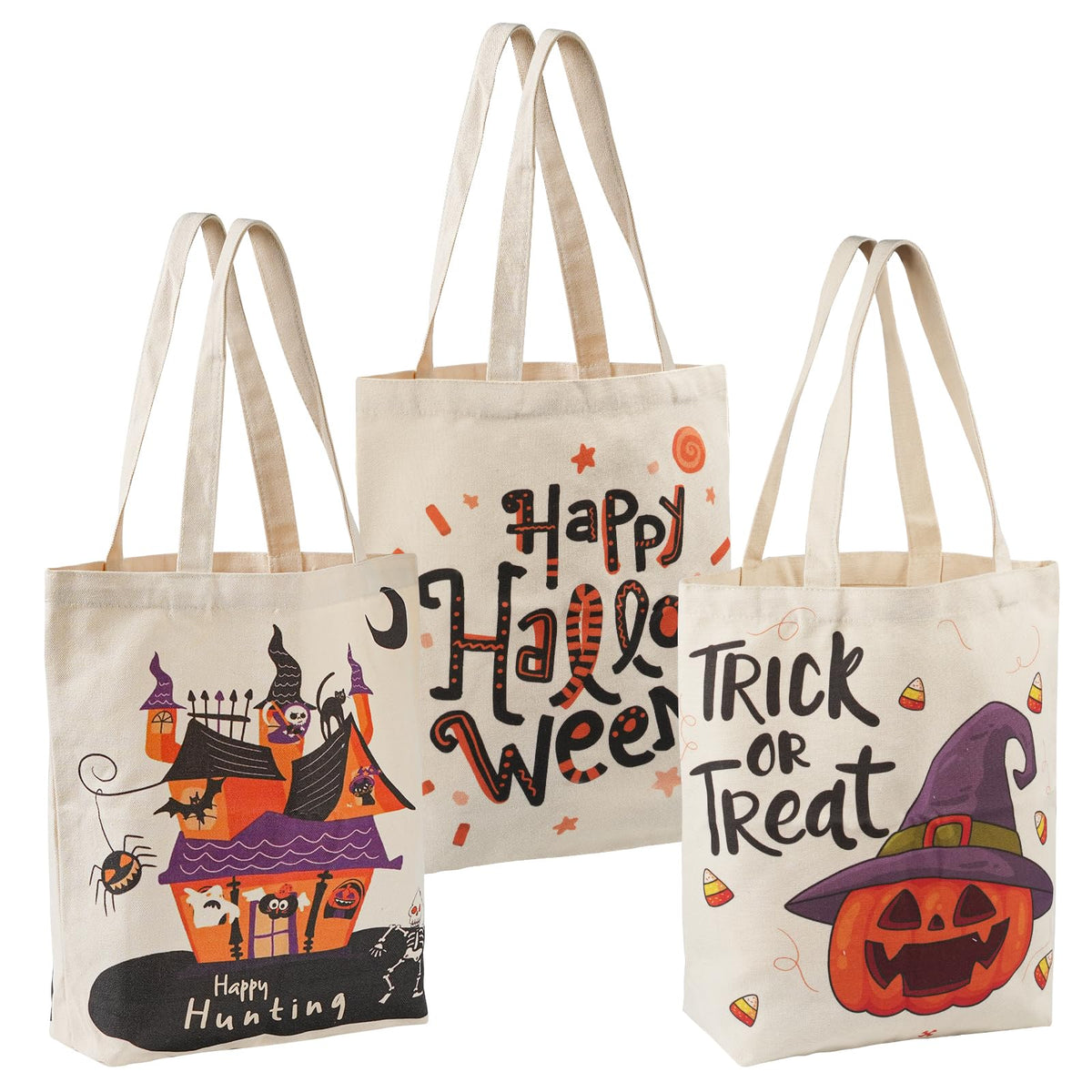 ATFUNSHOP 13.8" Large Halloween Tote Bag Trick or Treat Canvas Reusable Large Bucket for Kids Boo Pumpkin Ghost
