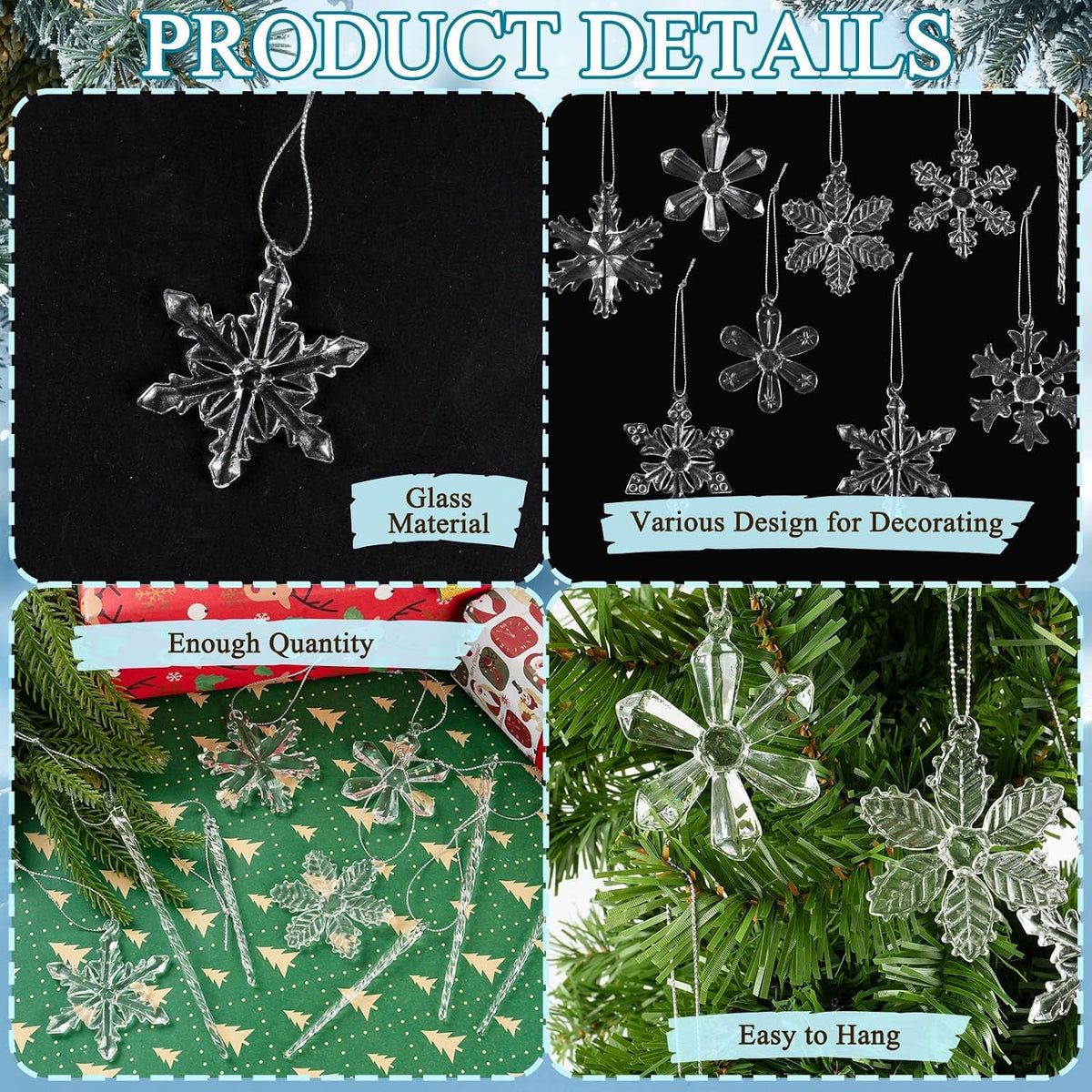 Glass Snowflake Icicle Ornaments for Christmas Tree Decorations - 18Pcs Clear Glass Ornaments Set for Christmas Tree Winter New Year Party Decor Supplies