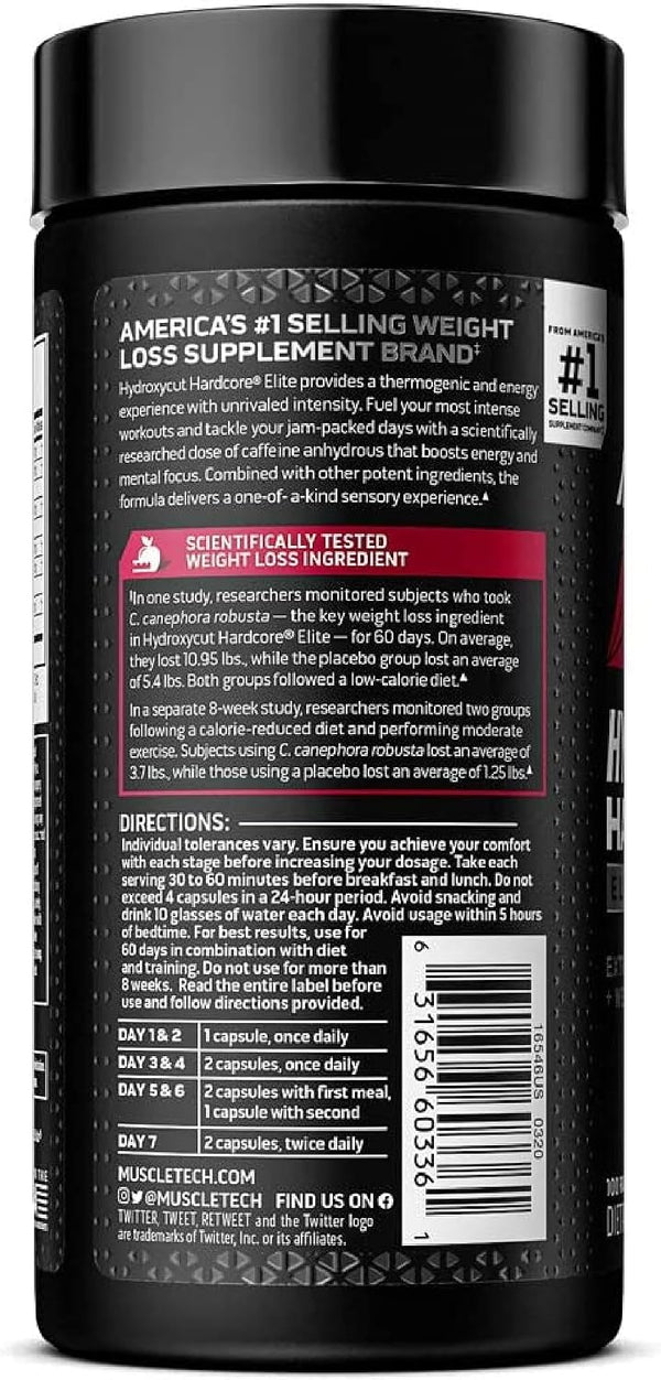 Hydroxycut Hardcore Elite - Energy & Metabolism Support for Men & Women - 270 mg Caffeine Anhydrous & 200 mg Green Coffee Extract - Rapid Release Capsules - 100 Count