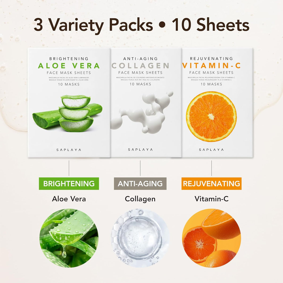 K-Beauty Facial Skincare Natural Beauty Multi-Pack Face Sheet Masks Balanced Skin Care Made In South Korea 10 Pack Vitamin-C