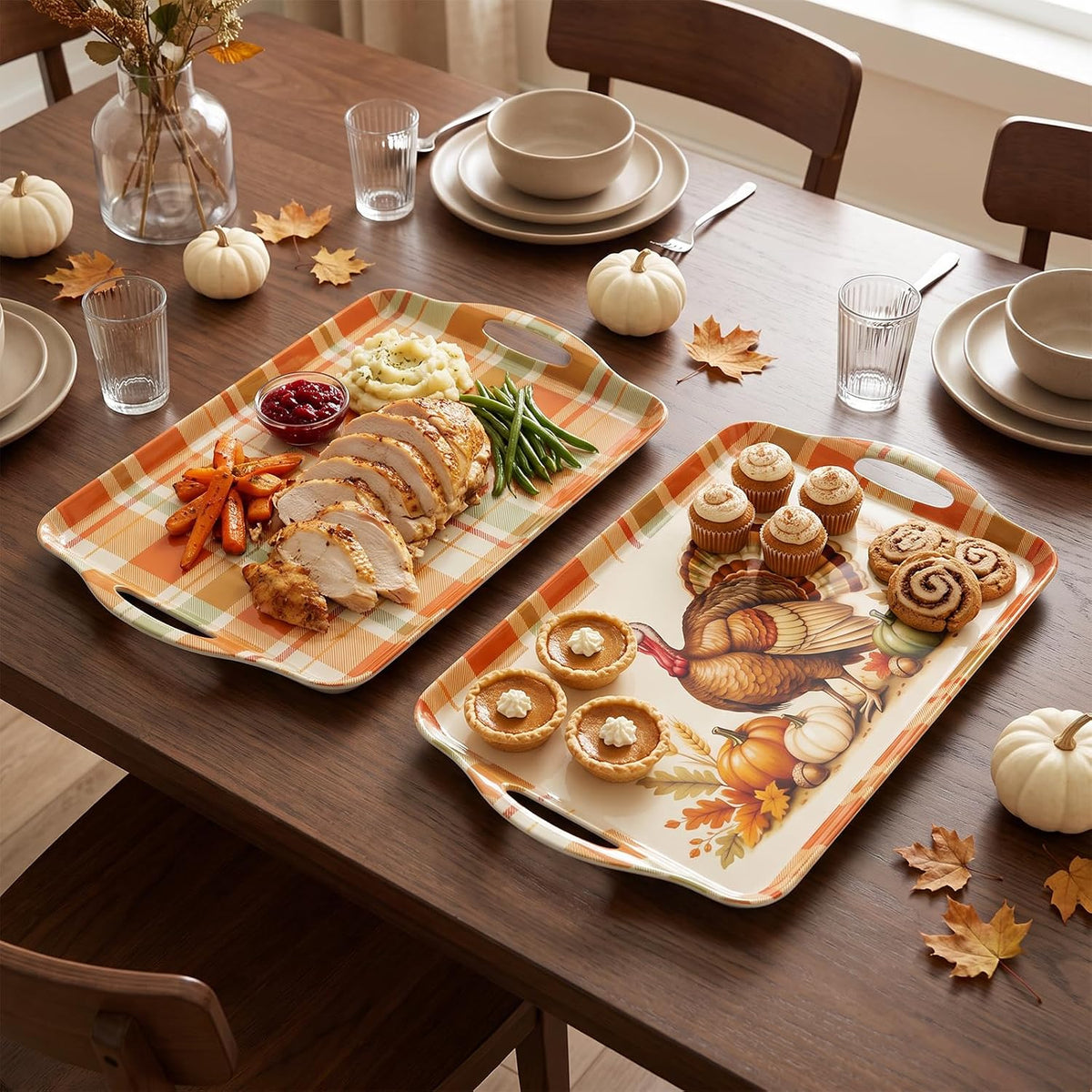 Thanksgiving Serving Trays with Handles, 19 x 11.6 Inch, Set of 2, Bamboo Fiber Serving Platter, Dishwasher Safe, with Removable Silicone Mats, Turkey and Fall Plaid