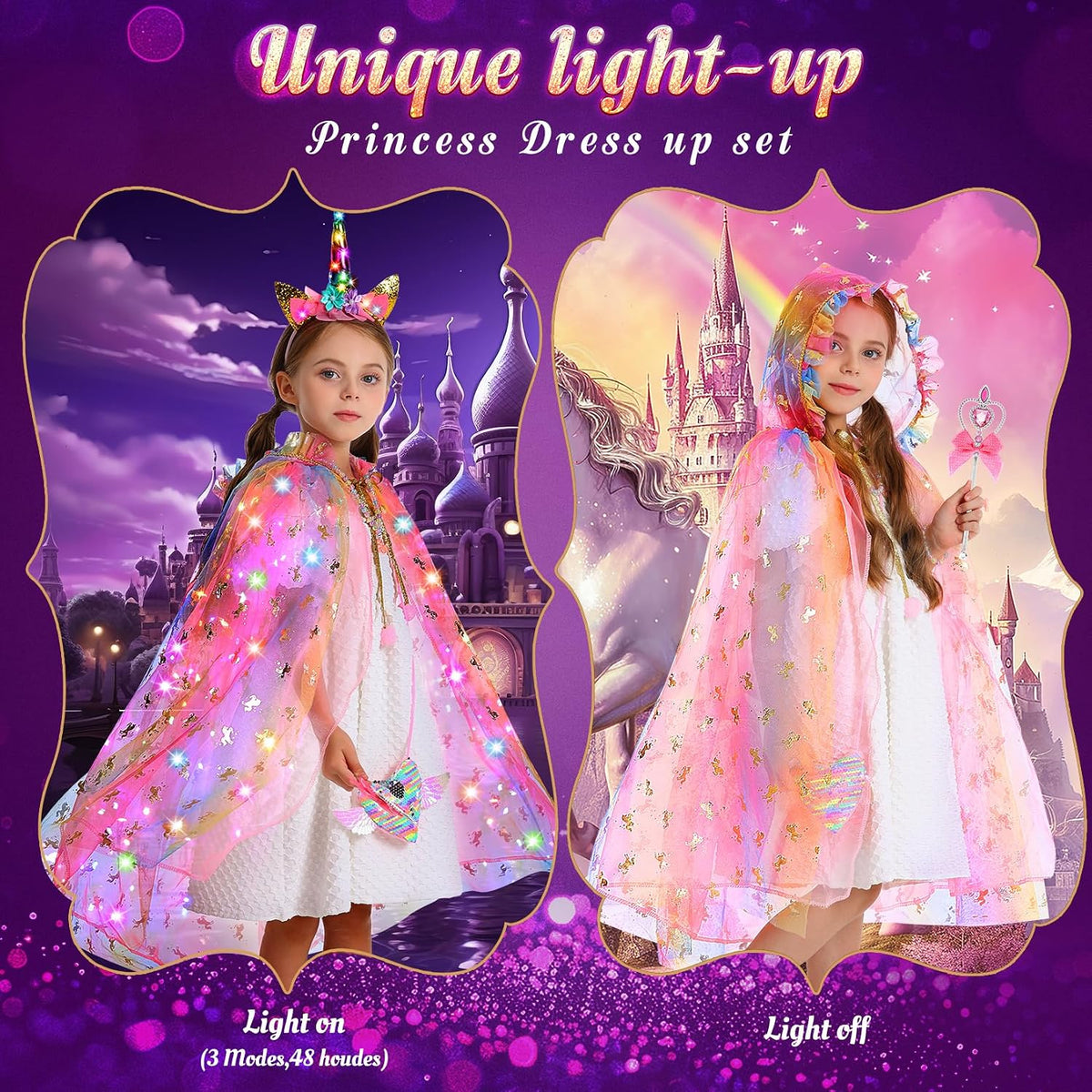 Fedio Princess Dress Up for Girls, Unicorn Light Up Princess Cape Set