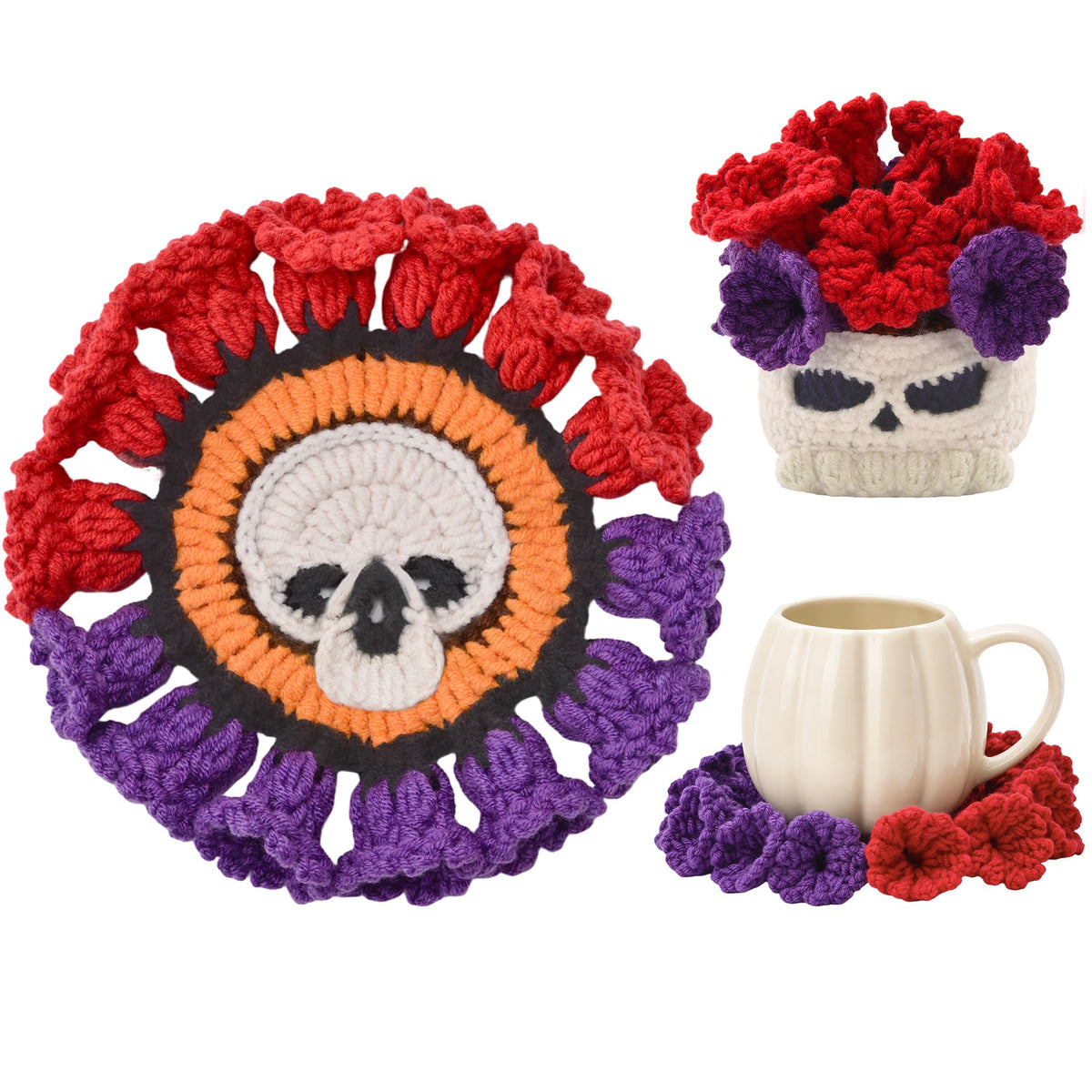 Crochet Flower Coasters, Handmade Bouquet Coasters with Crochet Plant Pot (Sunflower Yellow, 1Pc)