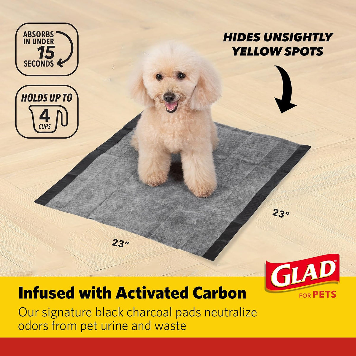 Glad for Pets Black Charcoal Puppy Pads - 6-Layer Leak-Proof Construction, Activated Carbon Odor Control, Pheromone Attractant - Disposable Dog Pee Pads for Potty Training, 23 x 23 in, 100 Count