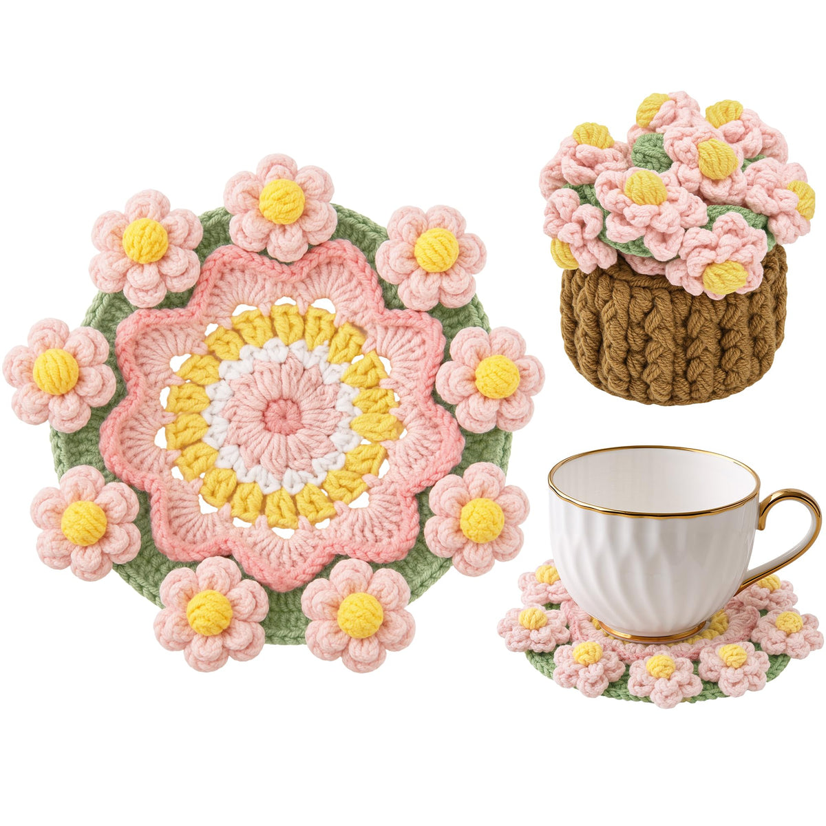 Crochet Flower Coasters, Handmade Bouquet Coasters with Crochet Plant Pot (Sunflower Yellow, 1Pc)