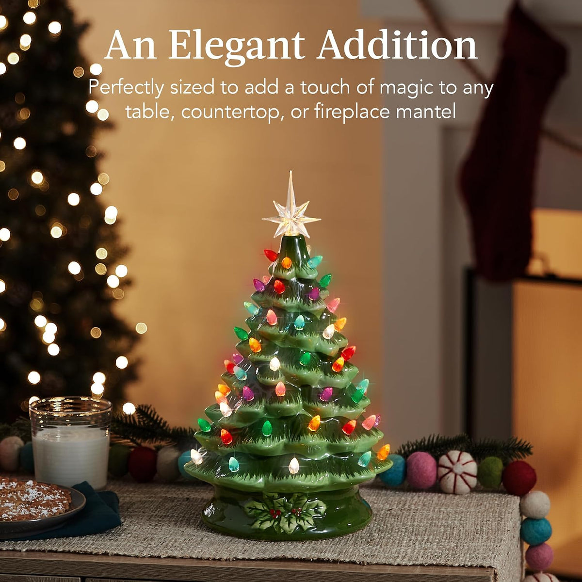 Best Choice Products 15in Ceramic Christmas Tree, Pre-lit Hand-Painted Tabletop Holiday Tree, Star Topper, 64 Lights - Green w/Multicolored Bulbs