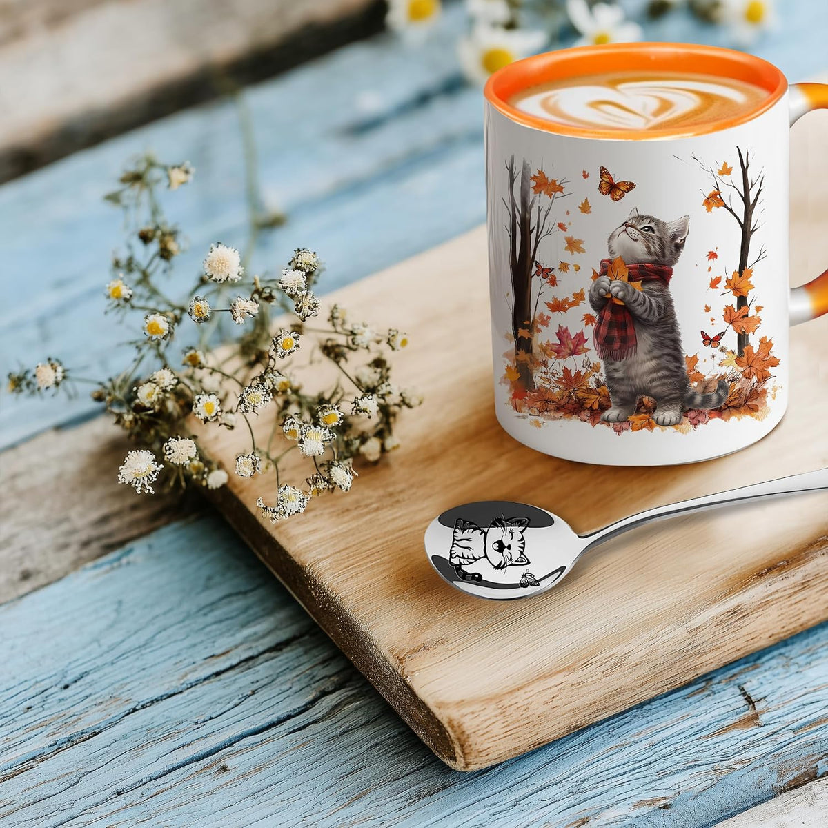 Hyturtle Fall Cat Maple Leaves Coffee Mug with Spoon Gifts on Birthday