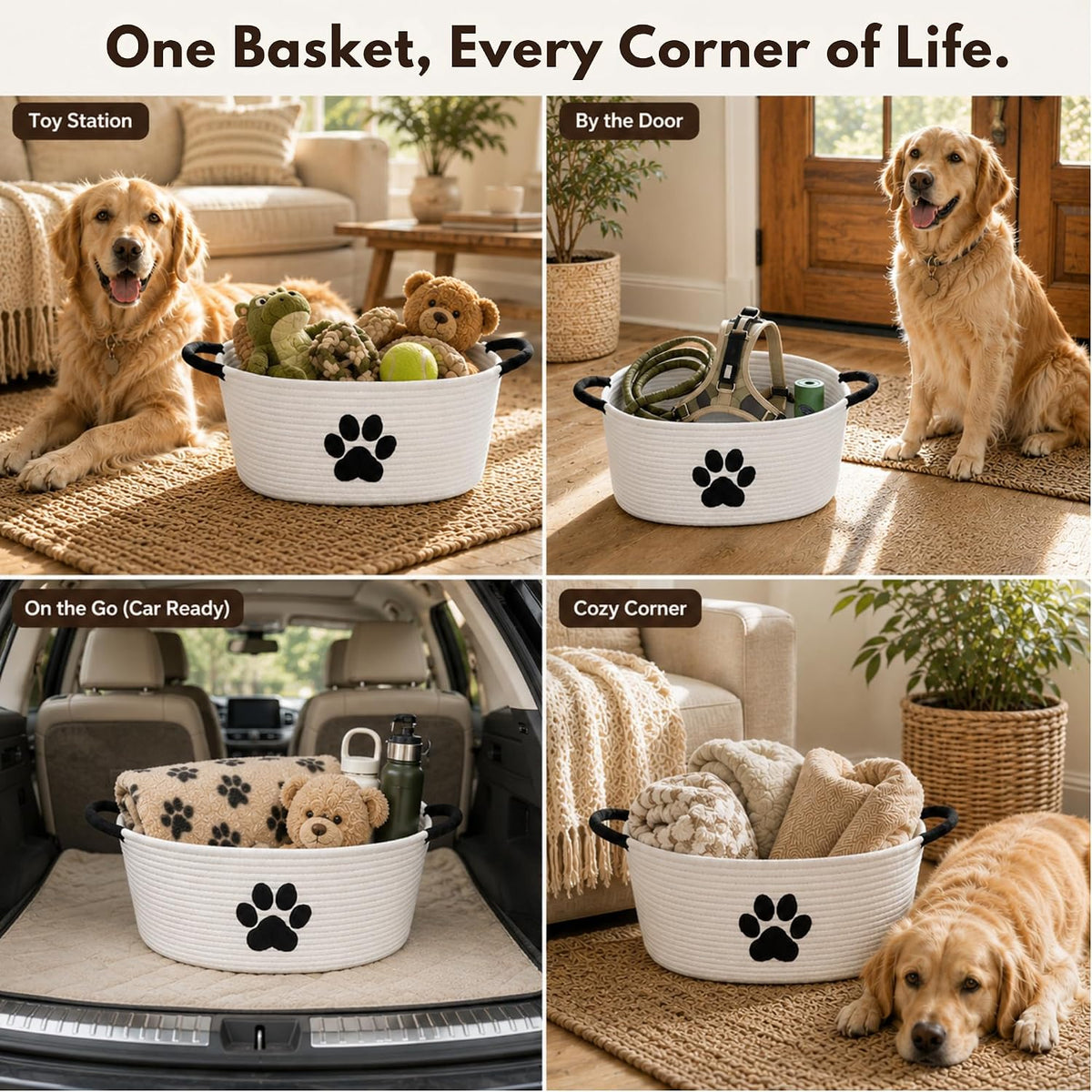 Dog Toy Basket with Handles, Cotton Rope Storage Bin Organizer for Pets | Holds toys, blankets, leashes & dog stuff. Machine washable, collapsible, free-standing woven bin with embroidered paw.