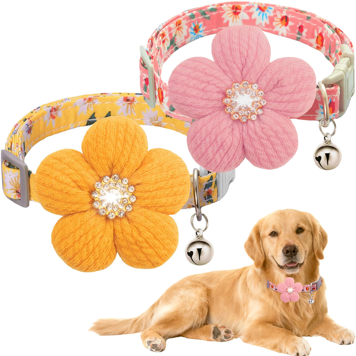 Small Dog Collar with Flower, Spring Dog Collar for Girl Dog Collars for Small Dogs Cute Dog Collar with Bell, Adjustable Length