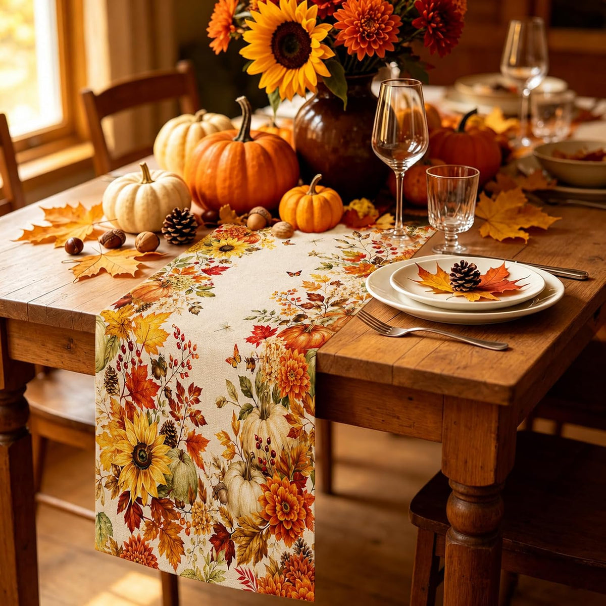 Fall Table Runner 13×72 in with Fall Decor Pumpkin, Sunflower&Leaf