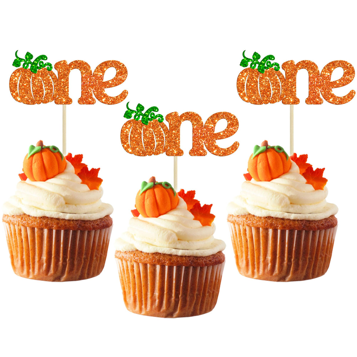 24pc Little Pumpkin Cupcake Toppers - Glitter Pumpkin Cupcake Picks - Baby Shower Decorations - Fall Harvest Theme - Kids Birthday Party Supplies