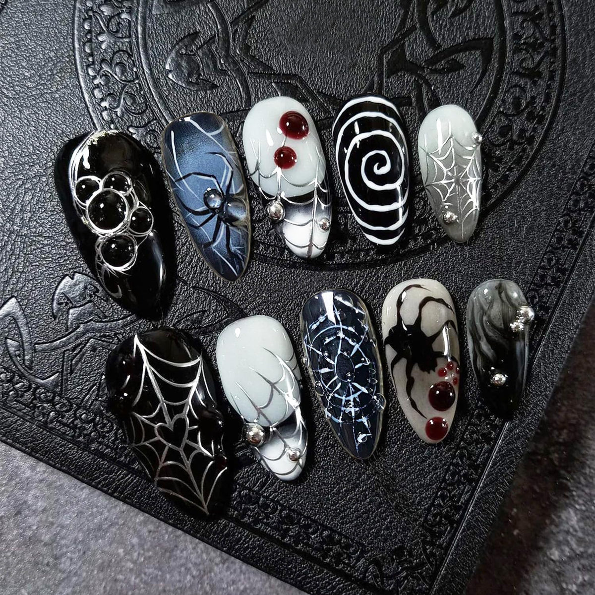 Halloween Press on Nails Medium Almond MABKJLF Fake Nails Glow in The Dark Full Cover Nightmare Christmas False Nails Glossy Glue on Nails Artificial Acrylic Nails for Women Girls 24 Pcs
