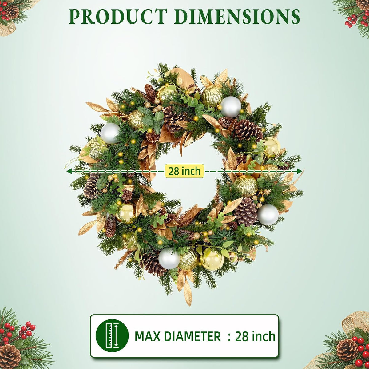 Hykolity 28 Inch Pre-Lit Botanical Christmas Wreath with 50 Warm White LEDs and Timer, Battery Operated Artificial PE & PVC Wreath with Ornaments, Pinecones and Layered Gold Leaves for Front Door