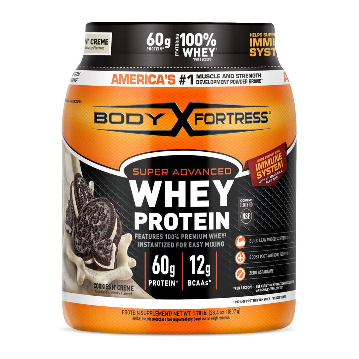 Body Fortress Super Advanced Whey Protein Powder, Gluten Free, Vanilla, Immune Support (1), Vitamins C & D Plus Zinc, 3.9 lbs.