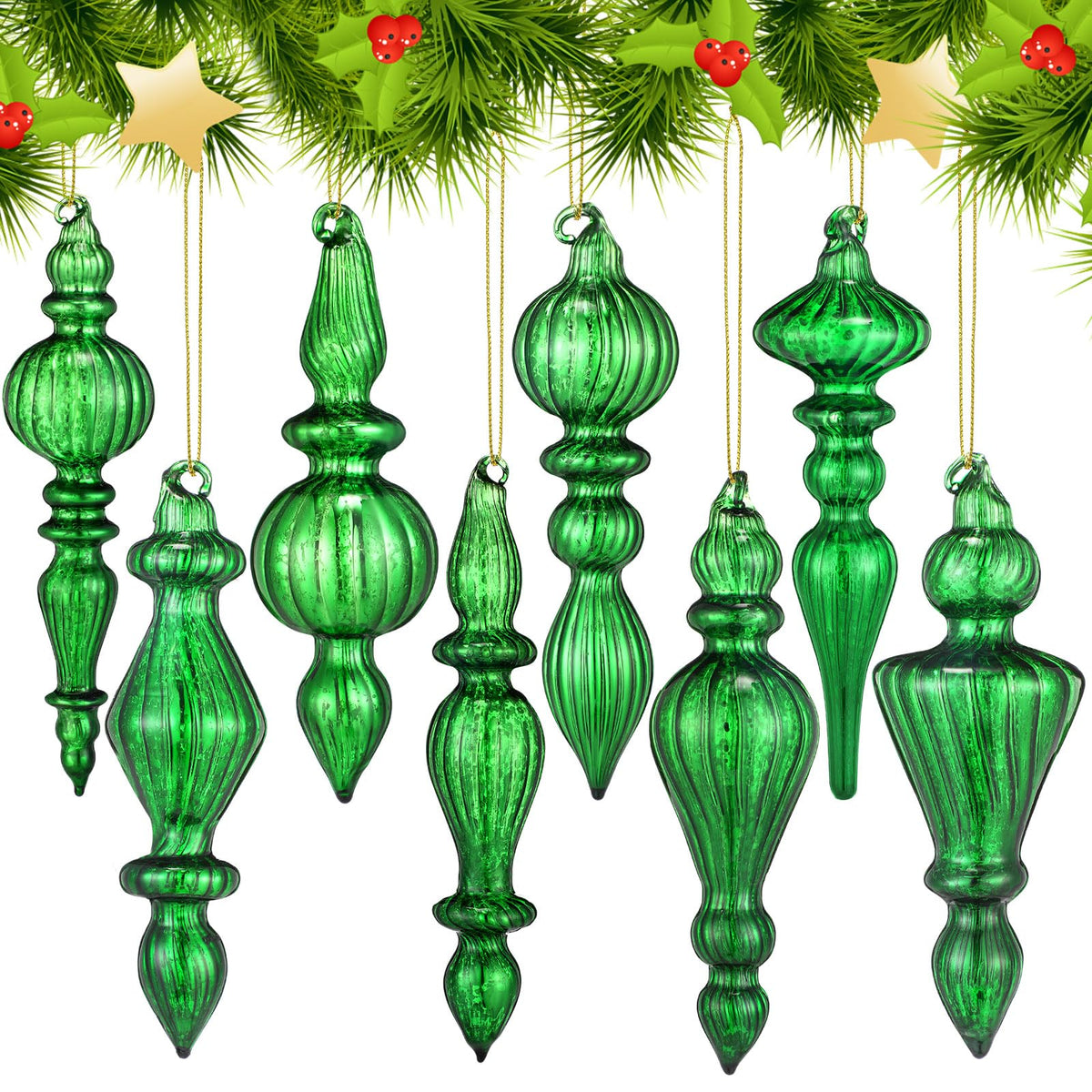 Mifoci 8 Pcs 6 Inch Mercury Glass Finial Christmas Ornaments,Red