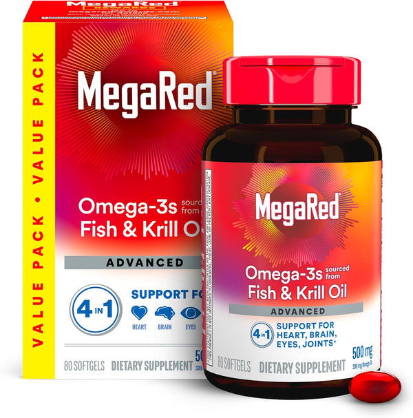 MegaRed Omega 3 Fish Oil & Antarctic Krill Oil Softgels for Brain, Heart, Joints & Eye Support, (80 Count Bottle), Concentrated Omega 3 Fatty Acid Supplement with EPA, DHA, Phospholipids