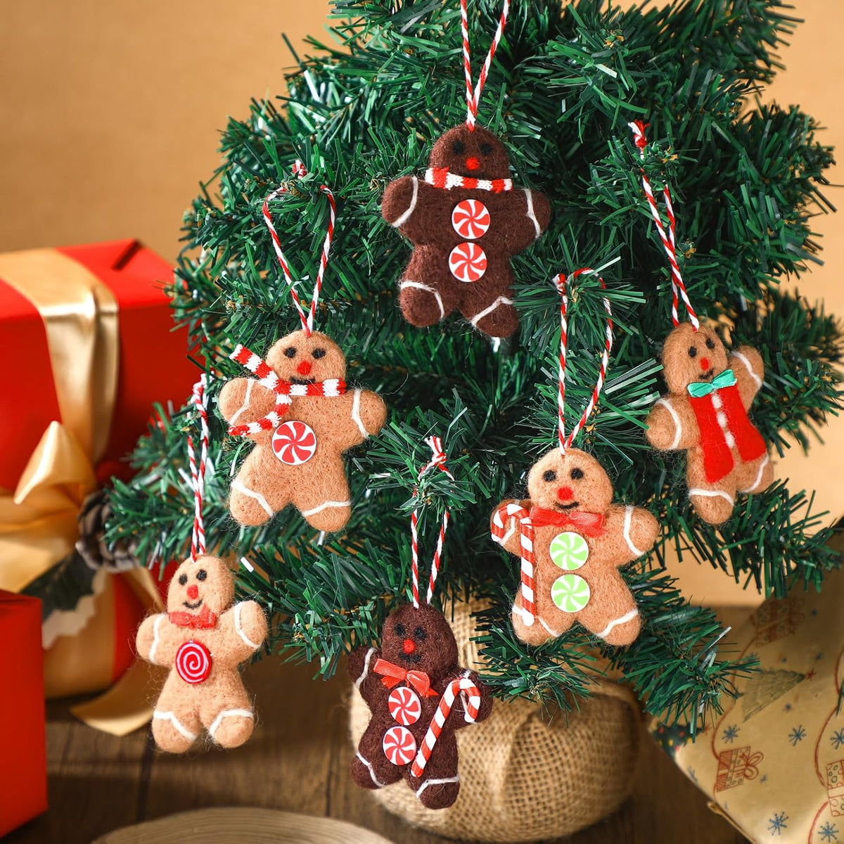 Mindsoft 12 Pcs Gingerbread Man Christmas Tree Ornaments Wool Felt,Brown
