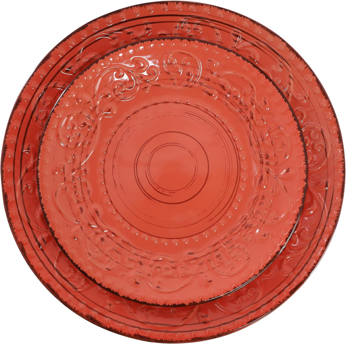 Elama Malibu Jasper 16-Piece Stoneware Embossed Pattern Reactive Glaze Orange Dinnerware Set, Tableware, Serveware Set (Jasper Orange)