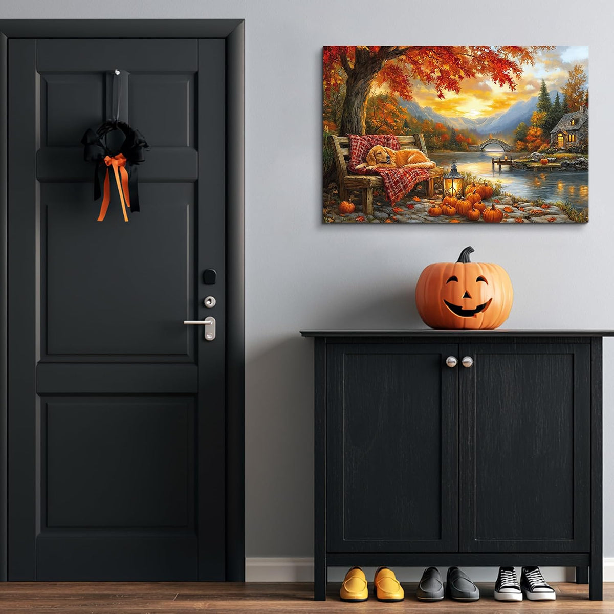 YZDQLANY Canvas Wall Art Autumn Landscape Dog Pumpkin Wall Decor