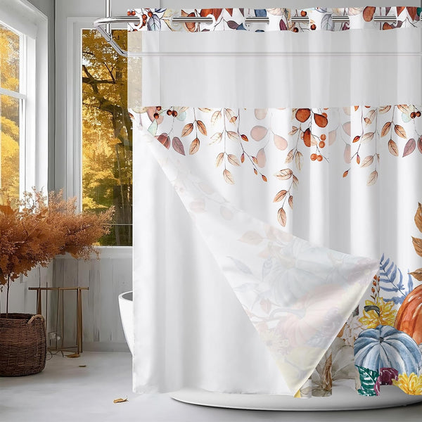 No Hooks Fall Shower Curtain with Snap in Liner, Thanksgiving Watercolor Pumpkin Plant Flower Shower Curtain for Bathroom,Autumn Bathroom Decor See Through Top Window Double Layers 71x74 in