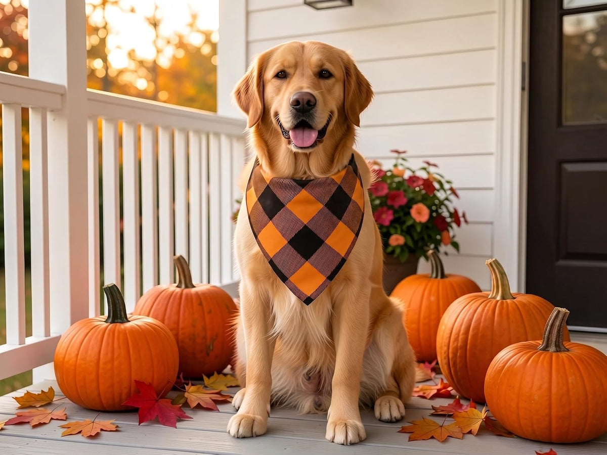 Fall Dog Bandanas 2PCS Halloween Pumpkin Spider Web Large Dogs | 2PCS reversible dog bandanas for fall & Halloween & Thanksgiving.Orange plaid/pumpkin/Spider Web design.Fits medium-large dog