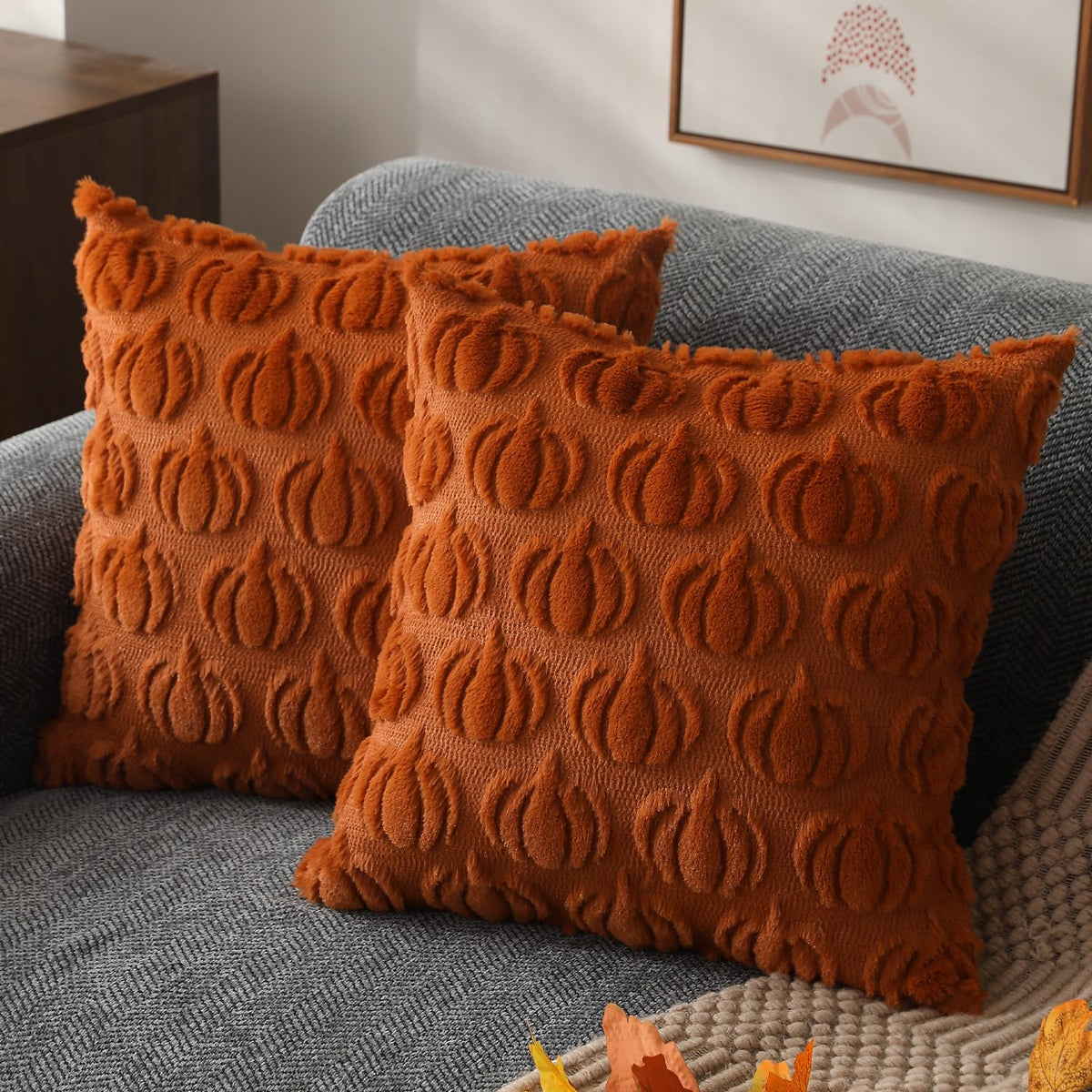 DFXSZ Fall Pillow Covers 18x18 2Pcs Rust Pumpkin Fall Decorations for Home | Fall decor Set of 2 Throw Pillow Cases Soft Plush Faux Fur Wool Couch Cushion for Chair Sofa Bedroom Living Room Home Decor