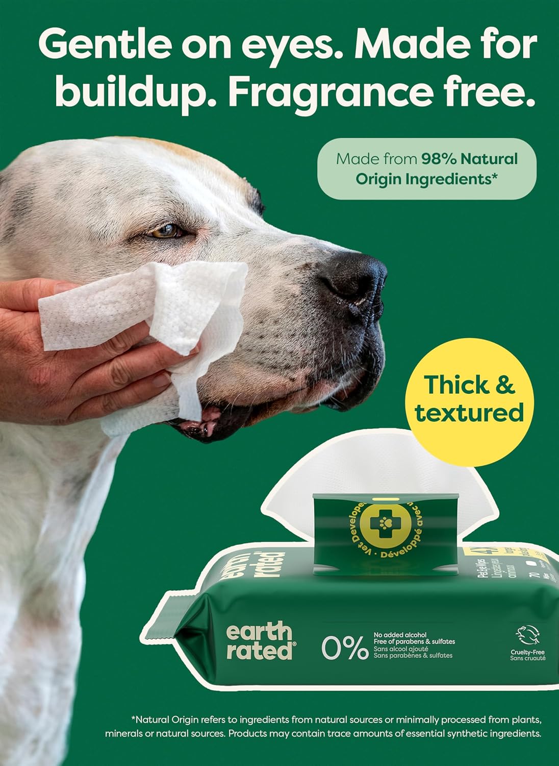 Earth Rated Dog Eye Wipes, Unscented, Removes Dirt & Discharge, 70ct | Vet-Developed, Hypoallergenic Pet Wipes for Dogs & Cats to Remove Dirt & Discharge, Fragrance Free