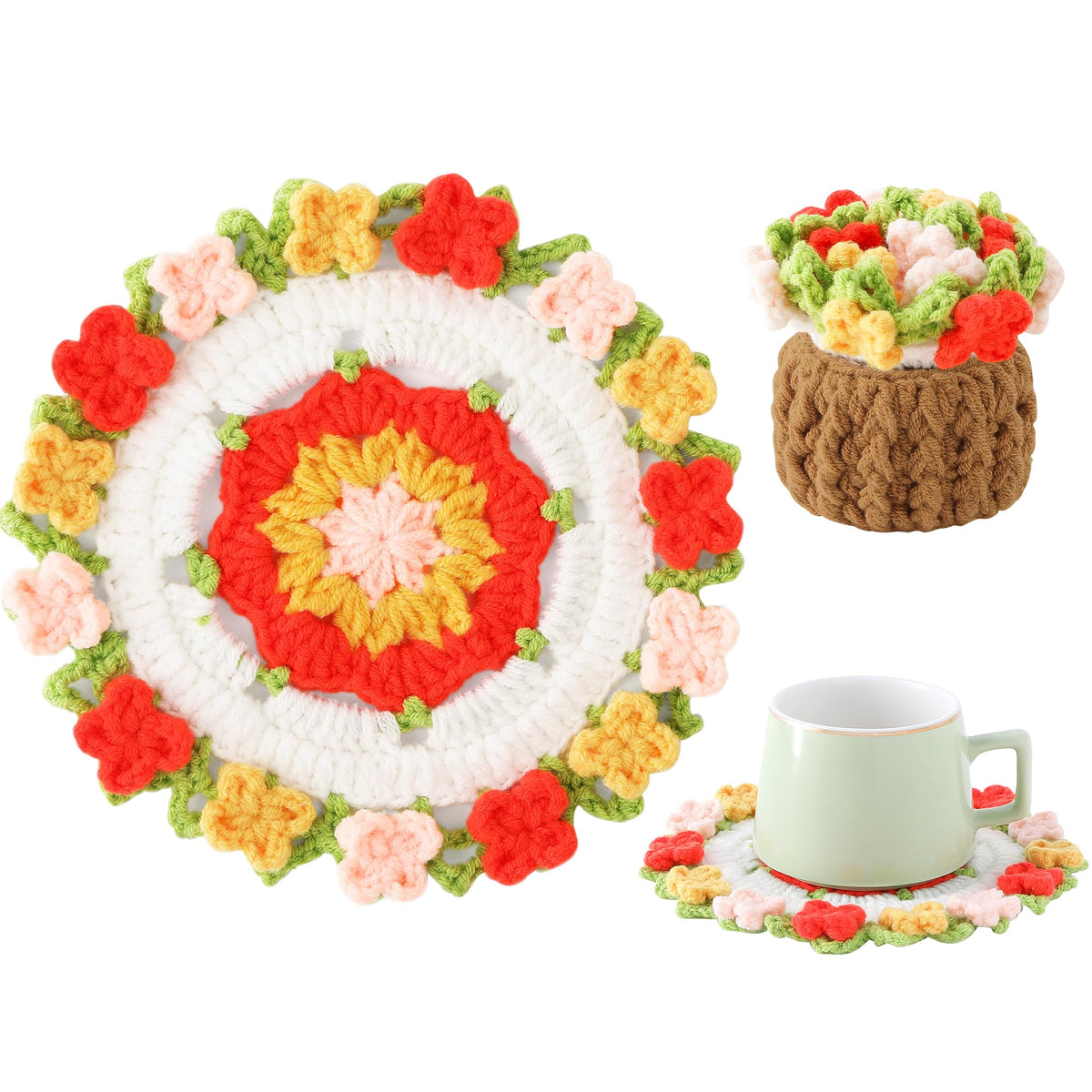 Crochet Flower Coasters, Handmade Bouquet Coasters with Crochet Plant Pot (Sunflower Yellow, 1Pc)