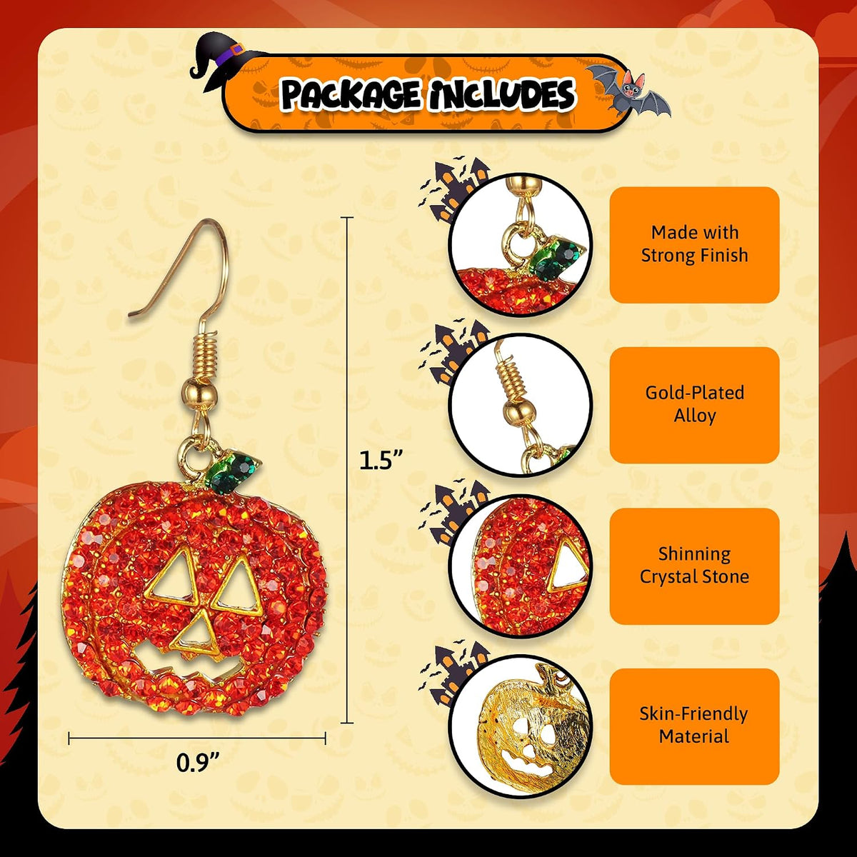 4E's Novelty Halloween Pumpkin Earrings for Women, Crystal Dangle Drop Earrings Hypoallergenic, 1.5” Smiling Face Pumpkin Halloween Earrings, Fun Festive Costume Jewelry Halloween Party Jewelry Gift