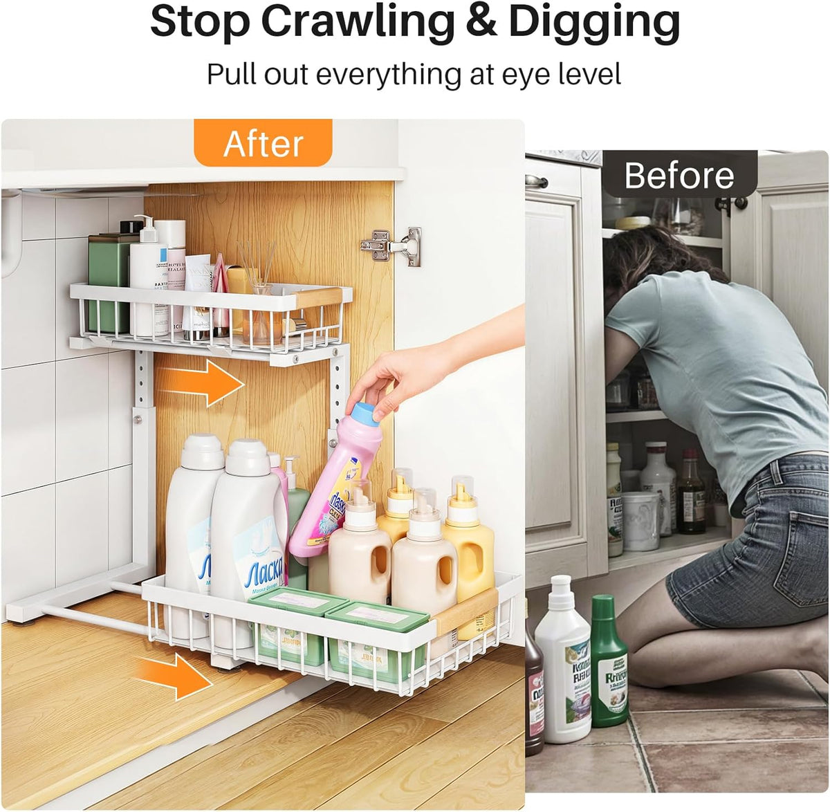 PXRACK Under Sink Organizer, Adjustable Height, 2 Tier Pull Out Under Cabinet Organizer, Slide Out Thickened Metal Under Sink Storage for Kitchen Bathroom Laundry Pantry Cabinet, White, Large-2-Pack
