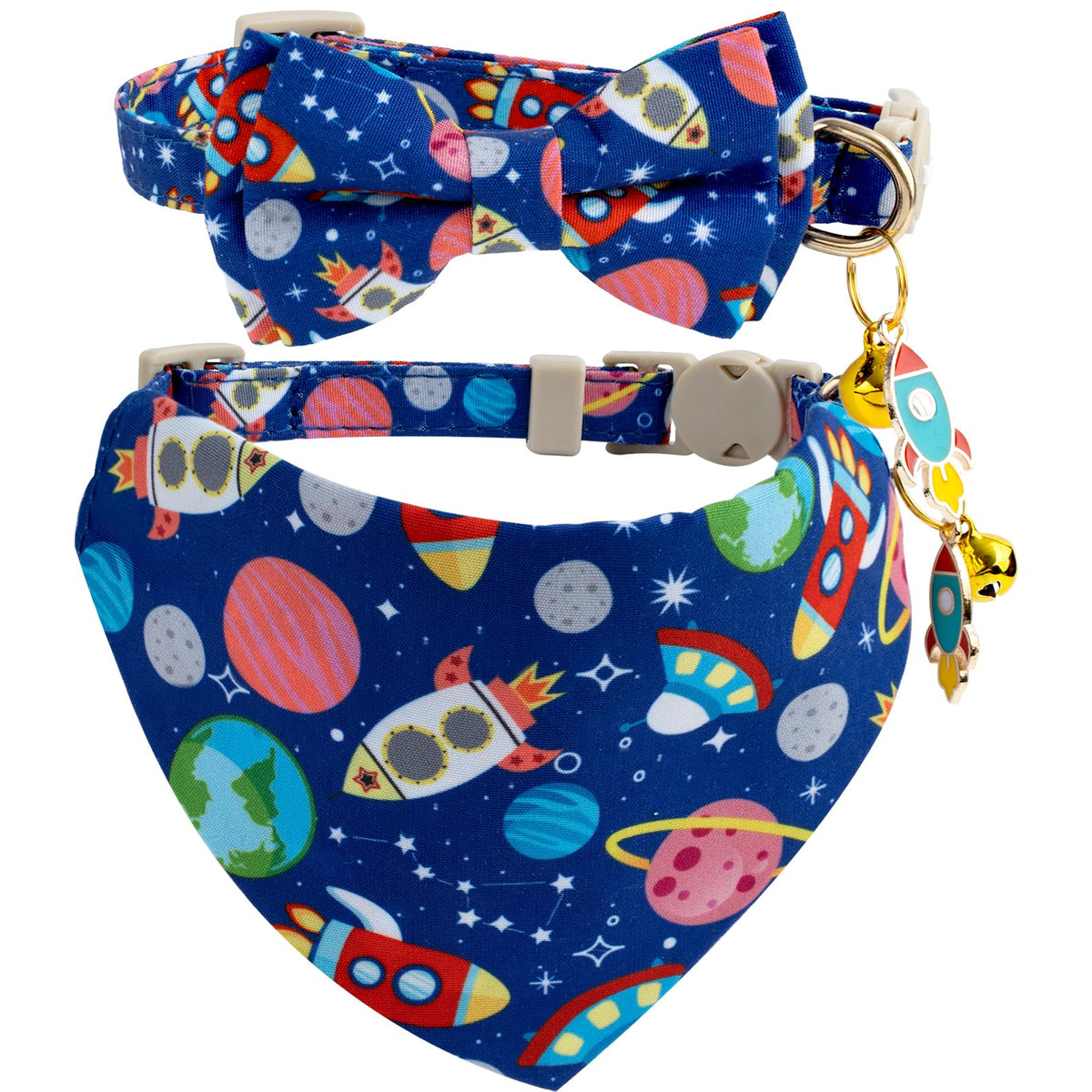 Faygarsle 2 Pack Blueberry Pattern Cat Collar Set with Bandana and Bow Tie, Light Blue, Breakaway Style with Bell