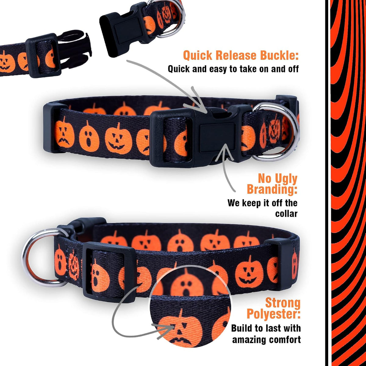 Native Pup Halloween Dog Collar- Spooky Fall Themed Horror Costume Collars- Skull, Pumpkin, Ghost, Bat, Witch, Candy Corn, Spider- Adjustable for Small, Medium, Large Breeds (Small, Big Pumpkins)