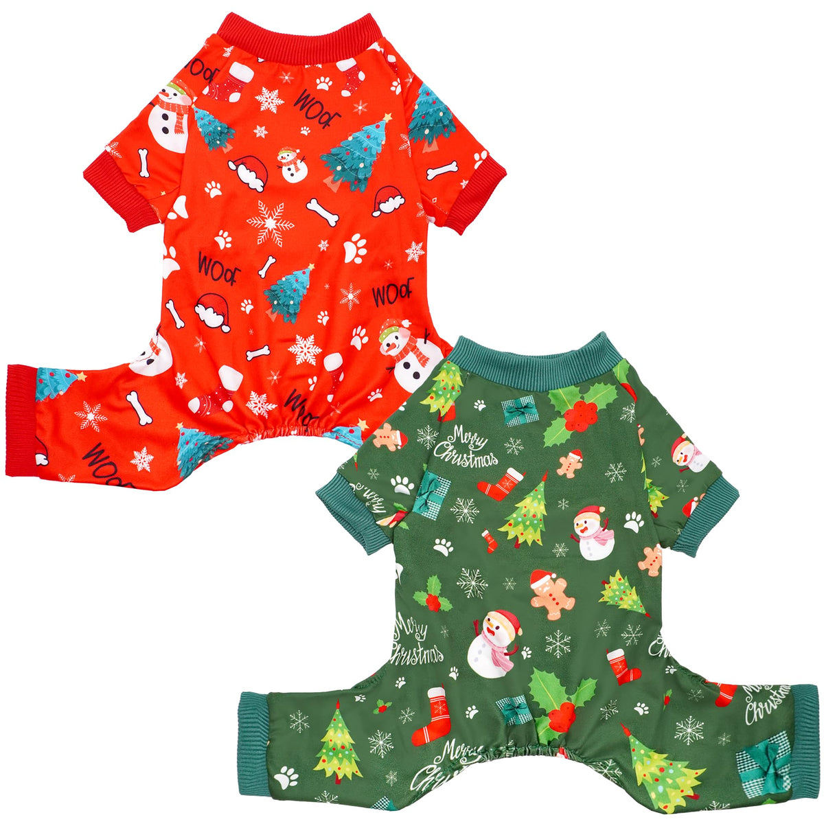 2PCS/Pack Christmas Dog Pajamas XXXL for Large Dogs Pjs Pet Jammies Boy Girl Male Female Red Green Onesies Snowman Christmas Tree Xmas Stocking Breathable Stretchy XXXL