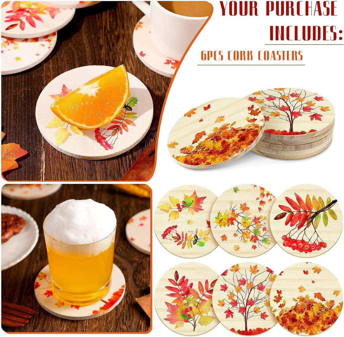6 Packs Fall Maple Leaves Coasters for Drinks Wood Coasters