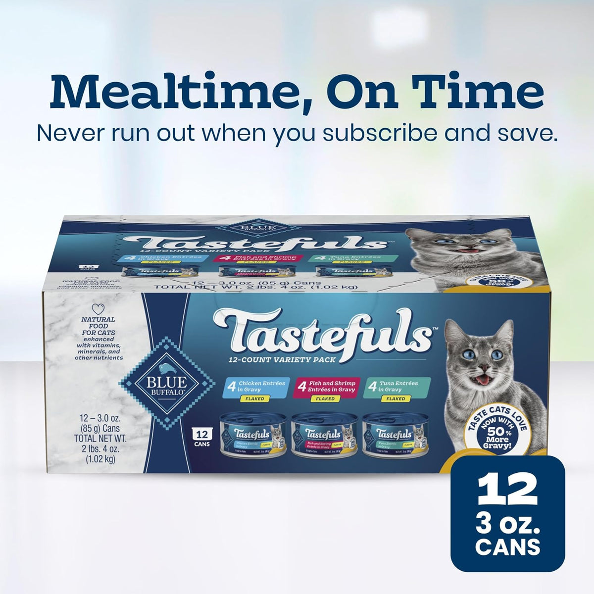 Blue Buffalo Tastefuls Flaked Adult Wet Cat Food Variety Pack (Tuna, Chicken, Fish & Shrimp), Natural Ingredients Enhanced with Vitamins, Minerals & Other Nutrients, 3-oz. Each (12 Cans)