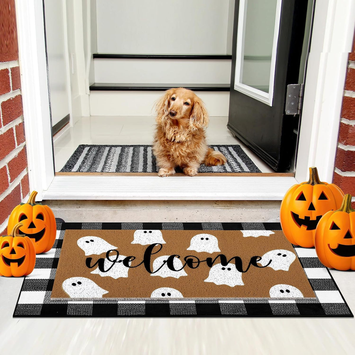 Tinideya 2 23.6 X 35.4 Inches Plaid Ghost Red Brown | Layered Coir Doormat Set, Non Slip Backing for Outdoor Entryway, Buffalo Plaid Seasonal Design, Front Porch Home Decor