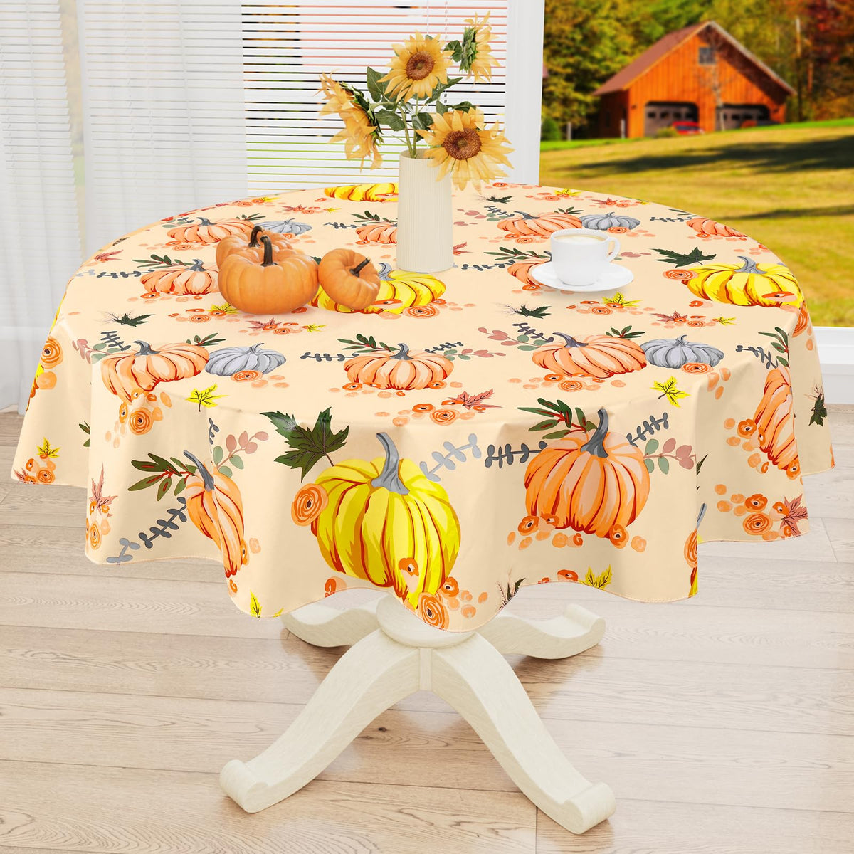 Rectangle Waterproof Vinyl Table Cloth, Wipeable Tablecloth with Flannel Backing, Plastic Table Cover for Fall, Thanksgiving (Pumpkin, 52" x 70")