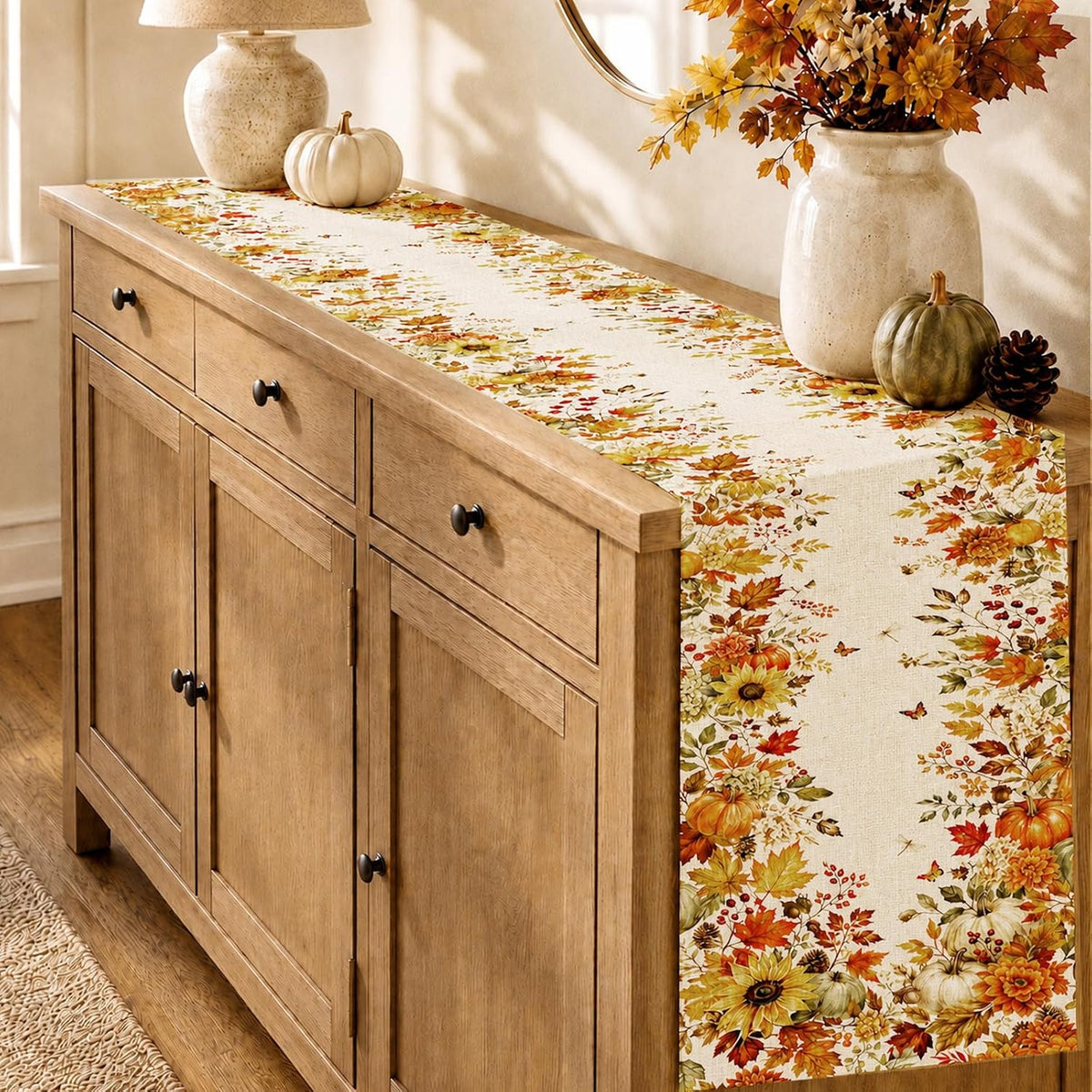 Fall Table Runner 13×72 in with Fall Decor Pumpkin, Sunflower&Leaf