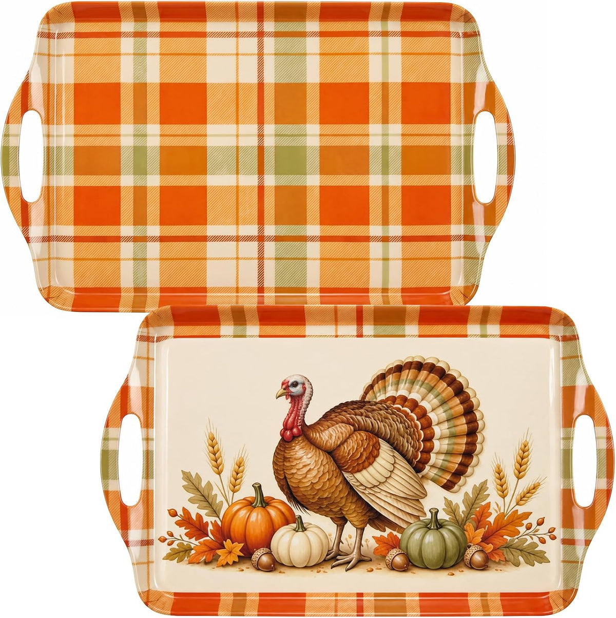 Thanksgiving Serving Trays with Handles, 19 x 11.6 Inch, Set of 2, Bamboo Fiber Serving Platter, Dishwasher Safe, with Removable Silicone Mats, Turkey and Fall Plaid