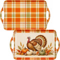 Thanksgiving Serving Trays with Handles, 19 x 11.6 Inch, Set of 2, Bamboo Fiber Serving Platter, Dishwasher Safe, with Removable Silicone Mats, Turkey and Fall Plaid