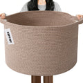 Large Woven Blanket Basket,65L Cotton Rope Laundry Basket Hamper with Handles, Decorative Nursery Basket Storage Bin for Toys, Clothes Organizer, Living Room, Bedroom, Bathroom, White & Brown