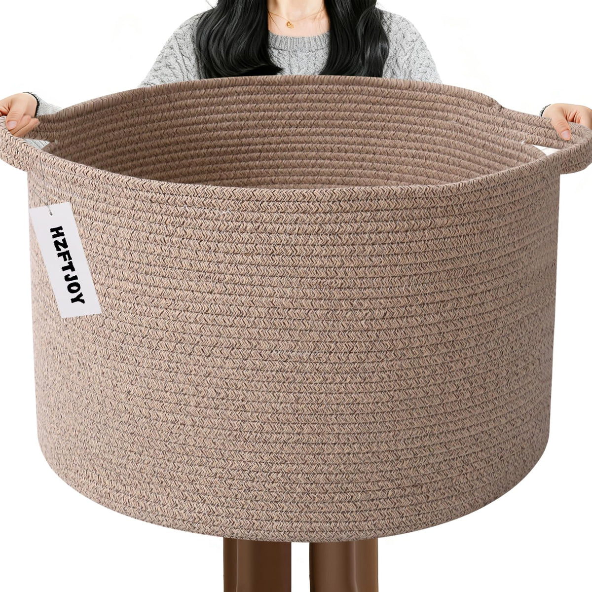 Large Woven Blanket Basket,65L Cotton Rope Laundry Basket Hamper with Handles, Decorative Nursery Basket Storage Bin for Toys, Clothes Organizer, Living Room, Bedroom, Bathroom, White & Brown
