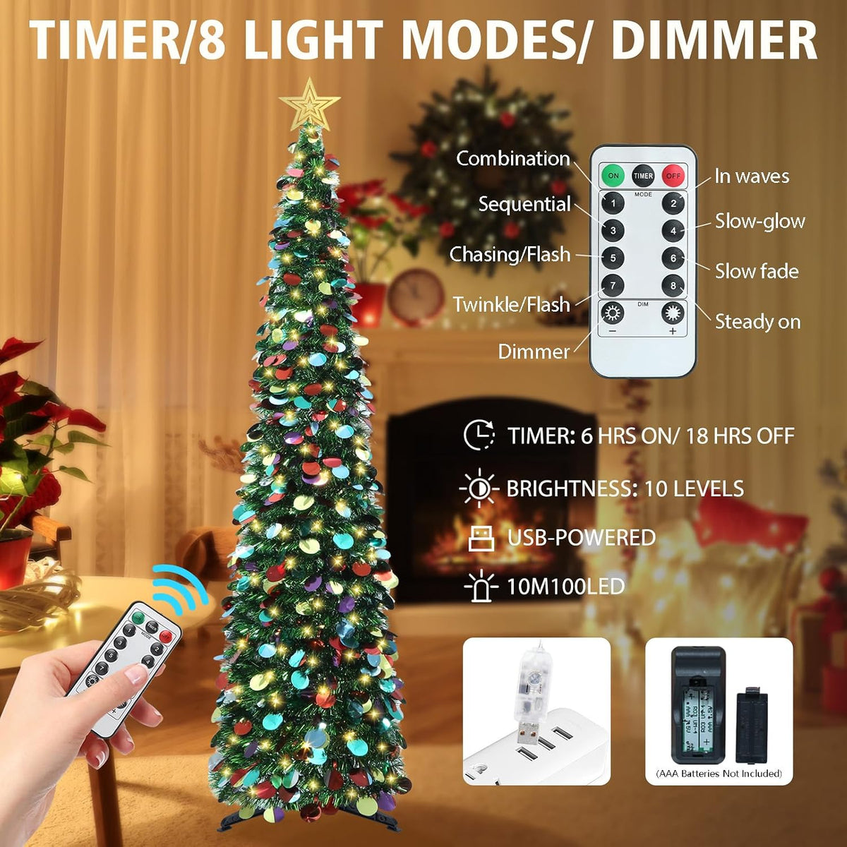 HMASYO 6 FT Pop Up Christmas Tree with 100 LED Timer Lights & Remote, Green Christmas Tinsel Tree, Collapsible Artificial Pencil Tree for Home Office Party Decor, USB Powered, Easy Assembly