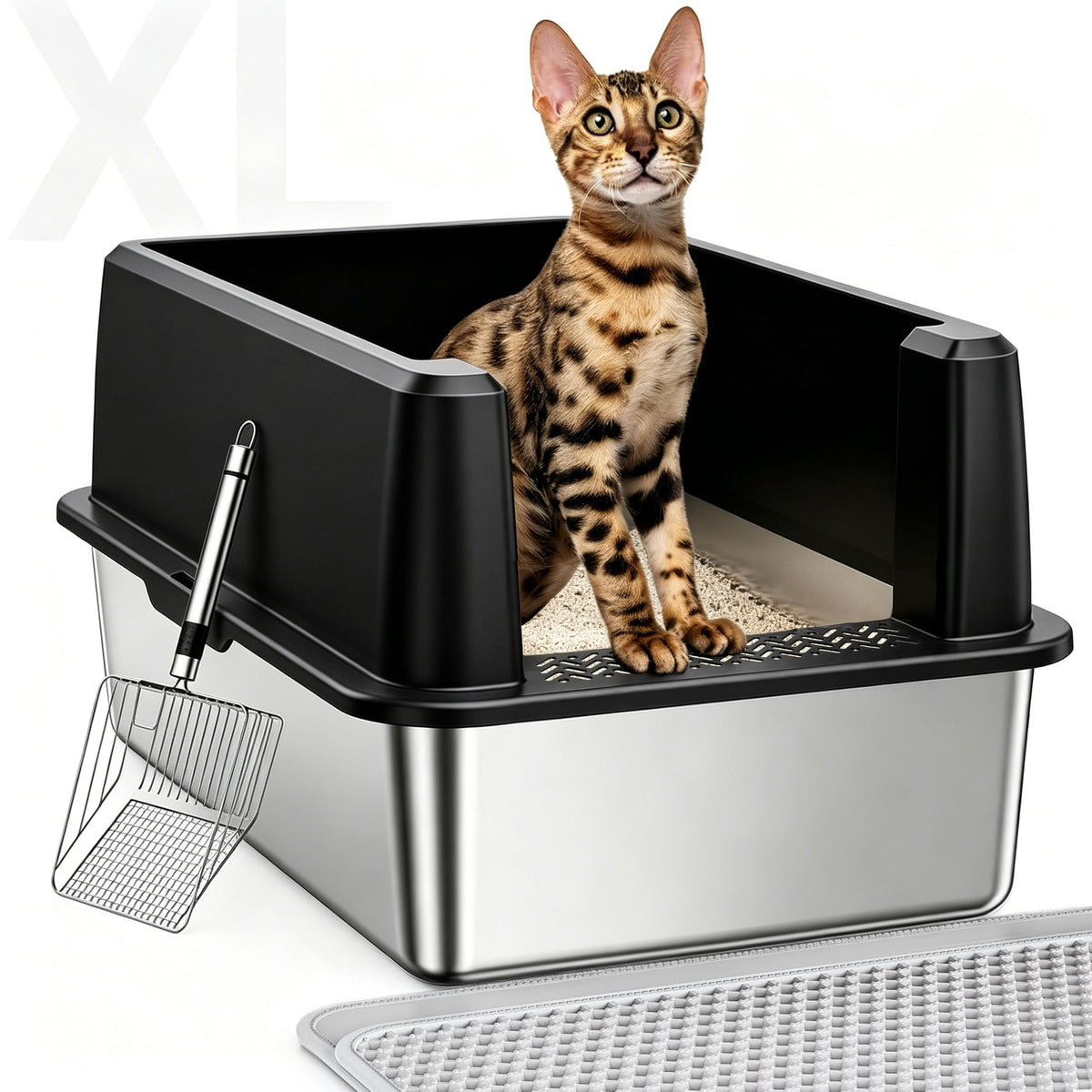 WoofiGo Enclosed Stainless Steel Cat Litter Box with Lid, XL Extra Large Litter Box for Big Cats, Metal Litter Pan High Sided, Never Absorbs Odors, Anti-Urine Leakage, Easy Cleaning, Include Scoop