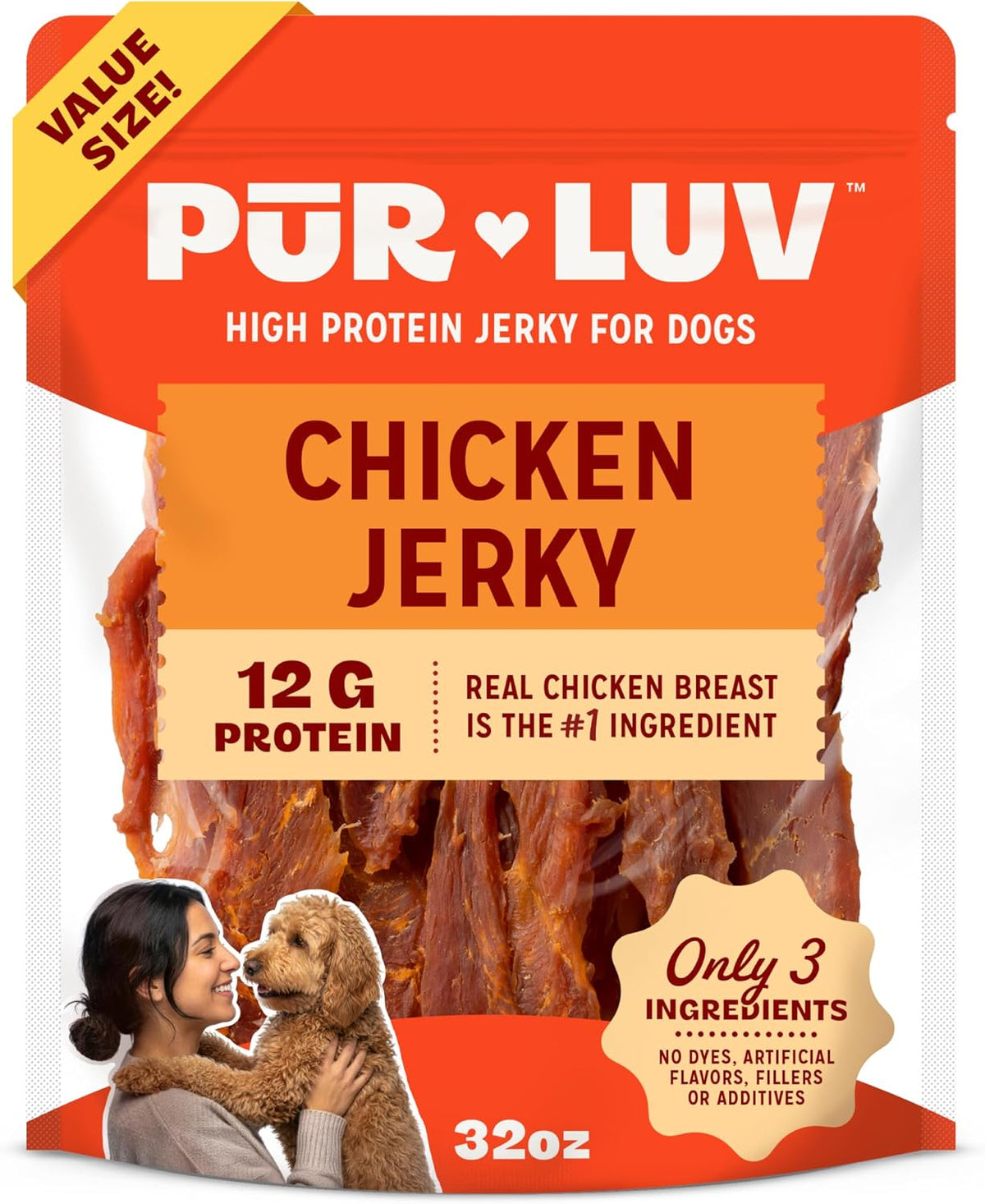 Pur Luv Chicken Jerky Dog Treats, Made with 100% Real Chicken Breast, 32 Ounces, Healthy, Easily Digestible, Long-Lasting, High Protein, Satisfies Dog's Urge to Chew